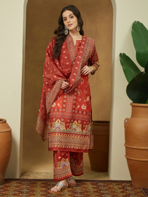 Janasya Women's Rust Cotton Blend Floral Printed Pakistani Straight Kurta Set